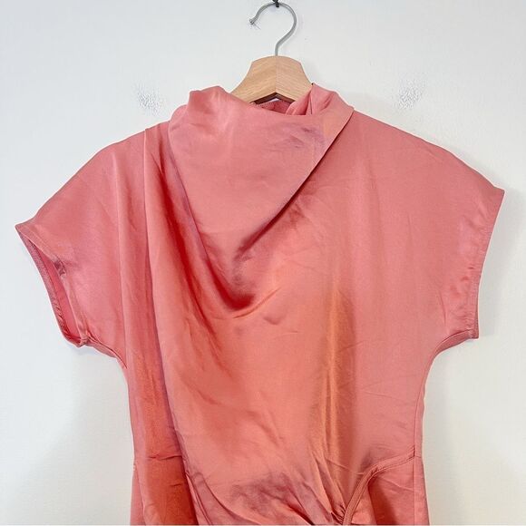 Anthropologie Ruched Asymmetrical Satin Mini Dress NEW Size 2 in Coral Pink - Picture 7 of 14